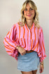 Stripe Crinckled Ruffled Sleeve Button up Loose Shirt